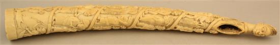 An early 20th century Belgian Congo carved ivory oliphant, 16.5in.